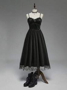 ROMWE Váy đen sang trọng, thanh lịch, phong cách cung điện Gothic Retro, váy dạ hội cho phụ nữ ngoại cỡ, váy đen thanh lịch, cổ điển, cỡ lớn - màu đen - Xem 1
