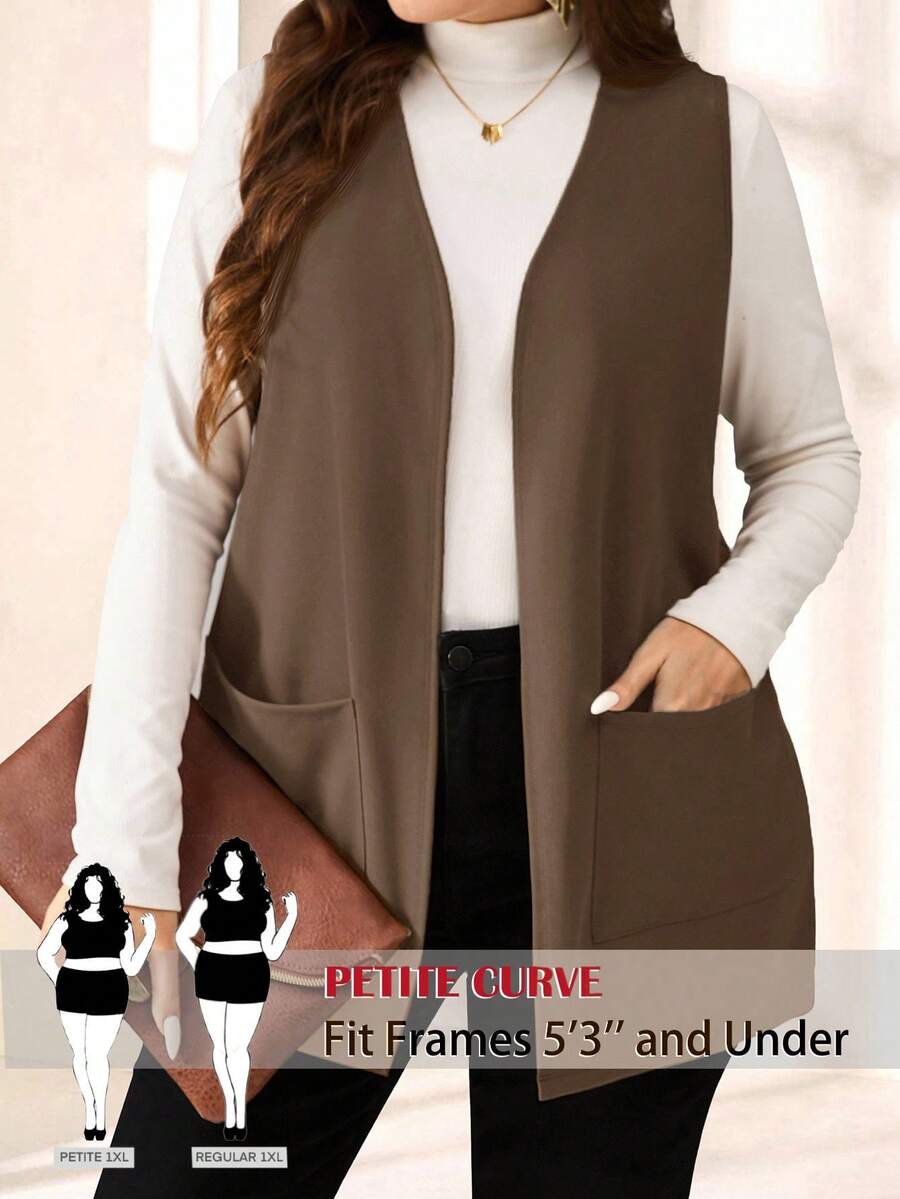 SHEIN PETITE CURVE Abrigo sencillo y casual de unicolor sin mangas y holgado con bolsillo, para primavera/verano, vacaciones en otoño/invierno, talla grande - Camel - Ver 1