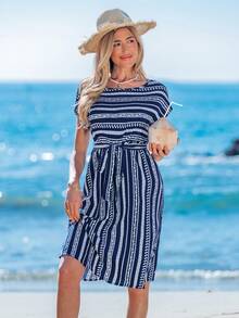 Sylviya Striped Print Belted Dress - Royal Blue - View 7