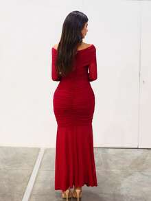 Hindelle Vestido longo feminino elegante cor sólida plissado ombro de fora manga comprida bainha rabo de peixe - Borgonha - Ver 2