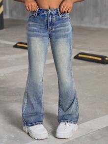 SHEIN Tween Girls Y2K 时尚复古水洗高腰猫须水洗喇叭腿牛仔裤，Tween Girls 秋装返校街头装 - 淺色水洗藍 - 查看 5