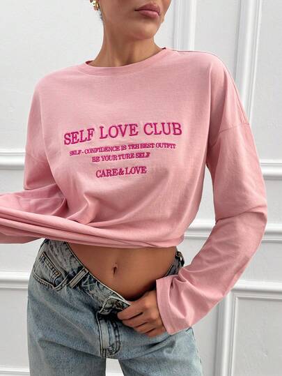 Cloudara Maglietta girocollo rosa a maniche lunghe, con dettagli ricamati, in morbido tessuto in pile, per uso casual e loungewear, stile Y2K