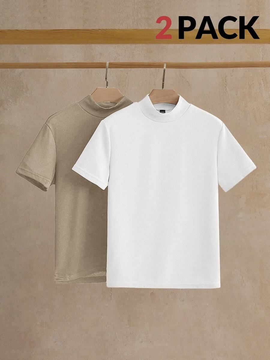 Mainfolk Men's Solid Color Short Sleeve Knit Casual Stand Collar T-Shirt Plain Tees Plain T Shirts Short Sleeve T Shirts Mock Neck T Shirts - Multicolor - View 1