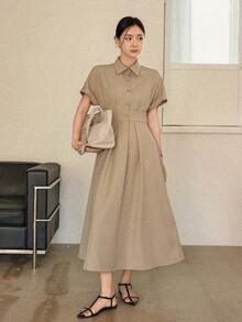 Dazy-Less Đầm maxi nữ màu trơn tay cánh dơi kiểu dáng thường ngày, thích hợp cho công sở. - Màu Khaki - Xem 5