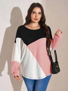 SHEIN LUNE Plus Size Casual Contrast Color Round Neck Lantern Sleeve Sweatshirt, Autumn Plus Size Fall Clothes - Pink - View 7