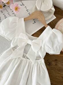 LMoss Kids 女童纯色方领泡泡袖休闲连衣裙 - 白色 - 查看 4