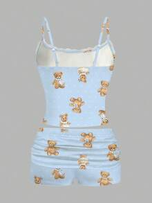 SHEIN Essnce Bộ 2 món gồm áo hai dây ren và quần short xếp ly dành cho nữ, thích hợp cho mùa hè. - Màu xanh nhạt - Xem 2