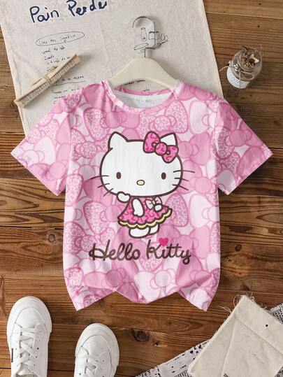 HELLO KITTY AND FRIENDS | SHEIN Tween Girls' Casual Letter & Cat Print Round Neck Short Sleeve T-Shirt, Summer