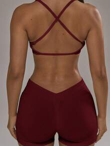 Musera Sport 交叉背带运动文胸和提臀紧身裤套装，适合秋季、冬季和冬季运动健身锻炼。 - 酒紅色 - 查看 2