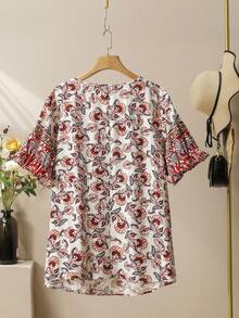 Lacomfia Áo kiểu nữ cỡ lớn họa tiết hoa, thắt nơ, đa năng. - Nhiều màu - Xem 2