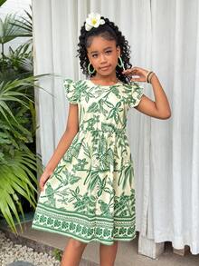 Girls' (Large) Spring/Summer Vacation Beach Floral Leaf Pattern Bohemian Colorful Ruffle Round Neck 3D Bow Back Fitted Waist Midi Dress - Green - View 5