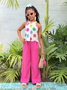 Tween Girl Beach Vacation Basic Halter Shirt + Loose 3/4 Pants Floral 2 Pieces Set - Hot Pink - View 4