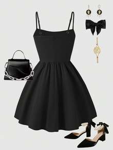 Teen Girl Solid Color Pleated Design Fashion Camisole Dress - Black - View 2