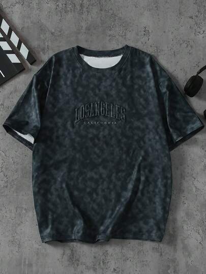 Coolqubz Teen Boy American Tie-Dye Letter Embossed Short Sleeve T-Shirt