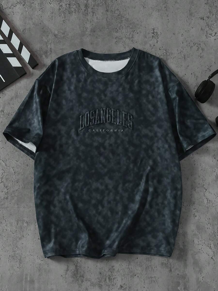 Coolqubz Teen Boy American Tie-Dye Letter Embossed Short Sleeve T-Shirt