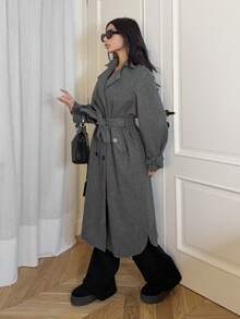 Ronhire Women's Notched Collar Double Breasted Overcoat - Grey - View 3