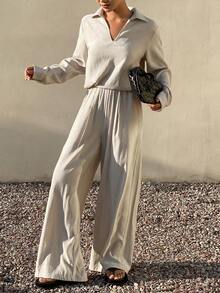 Livesso Spring/Summer Loose Business Casual Vacation Style Fashion Office Wear Street Long Sleeve Shirt & Straight Leg Casual Pants Set, Elegant Women 2-Piece Commuter Outfit Lounge Sets For Women