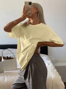 Livesso Solid Color Round Neck Loose Long Short Sleeve T-Shirt For Women - Yellow - View 5