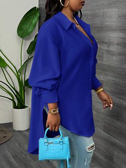 Slaydiva Chemise longue ample à manches lanternes blanches, ourlet asymétrique, grande taille, élégante, pratique pour le travail, les fêtes et le quotidien. Printemps Automne