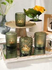 4PCS Green Votive Candle Holders, Assorted Tea Light Candle Holder Glass For Wedding Table Decor, Green Candle Holders For Table Centerpieces, Birthday, Christmas, And Tea Party Decorations - Multicolor - View 2