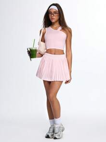 Eassivo Eassivo Women's One‑Shoulder Crop Top & Pleated Tennis Skirt Set,Asymmetric Strappy Top, Flared Pleated Mini Skirt,Athletic Skirt Sets - Pink - View 5