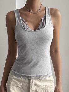 DAZY Áo hai dây không tay phối ren dành cho nữ, phong cách đường phố thường ngày, thích hợp cho mùa hè, mùa xuân, năm mới, Giáng sinh, đám cưới, tiệc tùng. - Xám - Xem 3