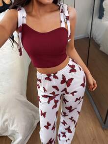 Dream Adore Conjunto de pijama con camiseta sin hombros con lazo y estampado de mariposas - Rojo y blanco - Ver 4