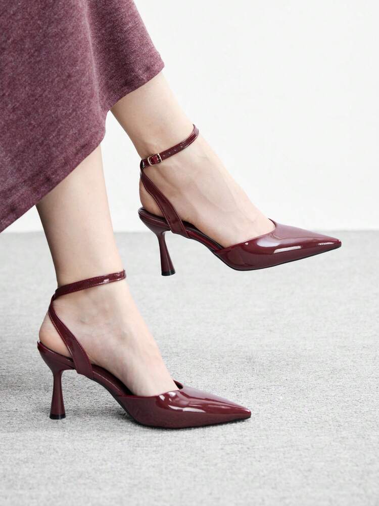CUCCOO BIZCHIC Pointed Toe Stiletto Heel Burgundy Ankle Strap Minimalist Classic Women's High Heel Pumps, Versatile For Daily, Commute, Elegant, Party Valentine's Day Spring Shoes