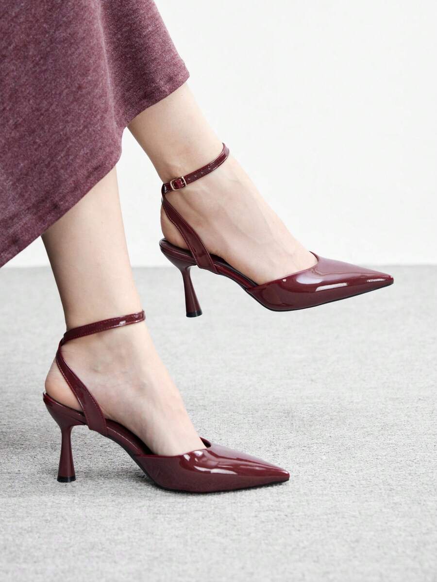CUCCOO BIZCHIC Pointed Toe Stiletto Heel Burgundy Ankle Strap Minimalist Classic Women's High Heel Pumps, Versatile For Daily, Commute, Elegant, Party Valentine's Day