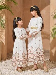 Tween Girl Floral Print Flare Sleeve Dress With Waist Tie And Ruffle Hem - White - View 6