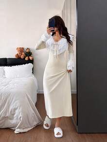 Dream Adore Women's Slim Fit V-Neck Long Nightgown With Distinctive Double-Layer Lace Trim On Collar And Cuffs - Apricot - View 4