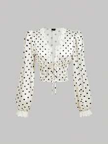 SHEIN MOD Elegante Pendler-Bluse für Damen mit Polka-Punkt-Muster und Spitzeneinsatz - Verschiedenfarbig - Übersicht 2