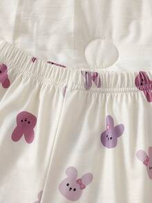 2pcs/Set Toddler Girls Cute Rabbit Print Elegant Ruffle Collar Lantern Sleeve Short Sleeve Cardigan Top And Casual Pants Homewear Set Girls Bunny Pajamas Ruffle Pajamas Girls Sleepwear Cute Sleepwear Pajama Set - Apricot - View 9