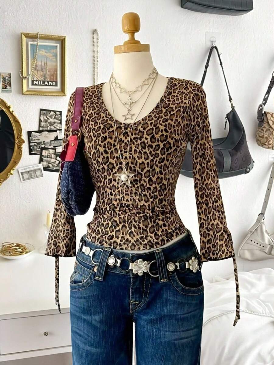 Lalippa 女士Y2K休闲时尚街头朋克风豹纹荷叶边喇叭袖修身衬衫，春秋季 - 棕色 - 查看 1