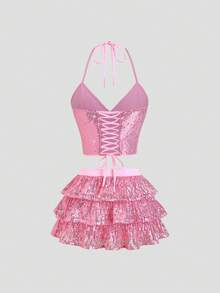 SHEIN Sweetro 2pcs/Set Women's Sequin Camisole With Tie Back And Short Cake Skirt, Spring/Summer - Pink - View 2