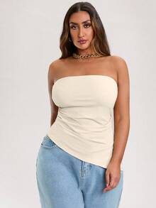 SHEIN BAE Plus Size Women's Tube Top Solid Color Beige Stretch Knitted Tight Ruffled Asymmetrical Design Hem Tank Top