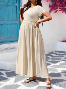 SHEIN Đầm bầu dáng rộng, màu trơn, cổ tròn, tay ngắn, phối eo, xếp ly. - Màu Khaki - Xem 1