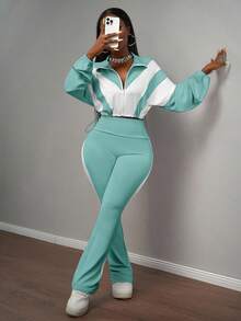 Slaydiva New Early Autumn Casual Simple Daily Dating Sports Style Yoga Suit Small Stand-Up Collar Front Middle Zipper Drop Shoulder White Splicing Light Purple Hem Drawstring Long-Sleeved Top + Purple Flared Trousers Side White Splicing Yoga Pants Knit Suit Women's Two Pieces Suit-B Women 2 Piece Sets Long Sleeve Two Piece Set 2 Piece Pants Set - Teal Blue - View 5