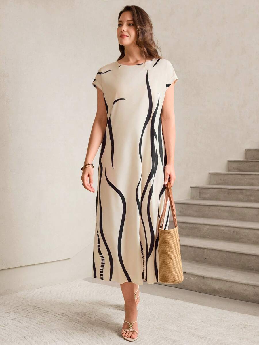 Miaspire 女士印花圆领短袖休闲连衣裙 - 彩色 - 查看 1