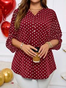 EMERY ROSE 大码女式休闲波尔卡圆点印花缺口领卷袖秋季衬衫 - 酒紅色 - 查看 3