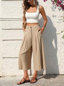 SHEIN Holidaya Women's Casual Linen Capri Pants, Suitable For Leisure, Beach, And Home Wear,Women's Khaki Cropped Trousers,Zipper Details,Casual Solid Color Long Dress,Beach Vacation Capri Pants,Summer Trousers,Office Attire,Women's Casual Commuter Simple Cropped Pants,Women's Casual Commuter Simple Cropped Pants - Khaki - View 4