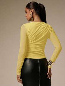 Silquee Women's Solid Color Pleated Mesh Patchwork Long Sleeve T-Shirt - Yellow - View 2