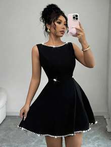 Rafferiza 女士时尚小黑裙，无袖收腰A字迷你连衣裙，饰有珍珠，春夏款 - 黑色 - 查看 5