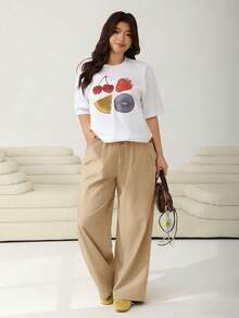 Solflare Plus Size Women's Khaki Drawstring Waist Pants,Solid Color Smart Casual Trousers For Autumn,Vacation,Party,Wedding,Chic Elegant Commute - Apricot - View 3