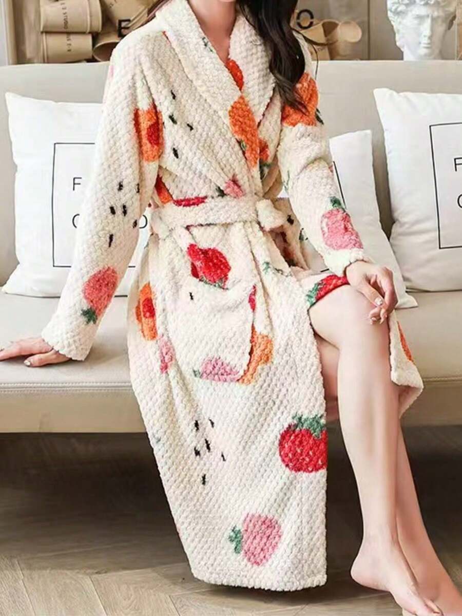 1件装女士睡袍,草莓印花时尚浴袍,宽松长袖柔软保暖绒袍,适合冬季穿着,也适合派对、日常、学生夏季婚礼、家居浴室装饰等场合。 - 米色 - 查看 1