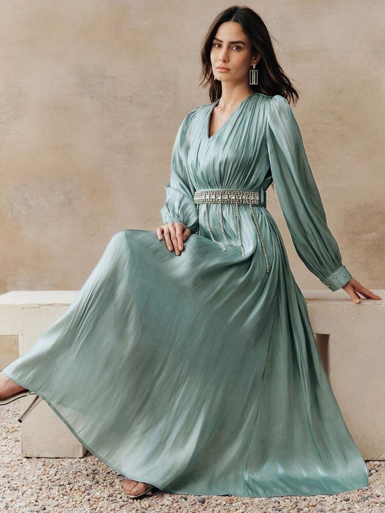 Women's Autumn/Winter Party Dress With Metal Rhinestone Tassel Belt, Flared Skirt, Satin Waist Cinched Classic Dress