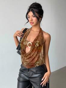 Áo Camisole Aloruh mới, gợi cảm, xuyên thấu, cổ khoét sâu, họa tiết Paisley, kiểu yếm, hở lưng, trang trí kim loại, phong cách Paisley, retro, Y2K, phù hợp cho các lễ hội âm nhạc, kỳ nghỉ ở Hawaii, hẹn hò, hộp đêm, bãi biển, du thuyền, trà chiều, phong cách Boho, kỳ nghỉ, mùa thu/hè. - màu nâu - Xem 4