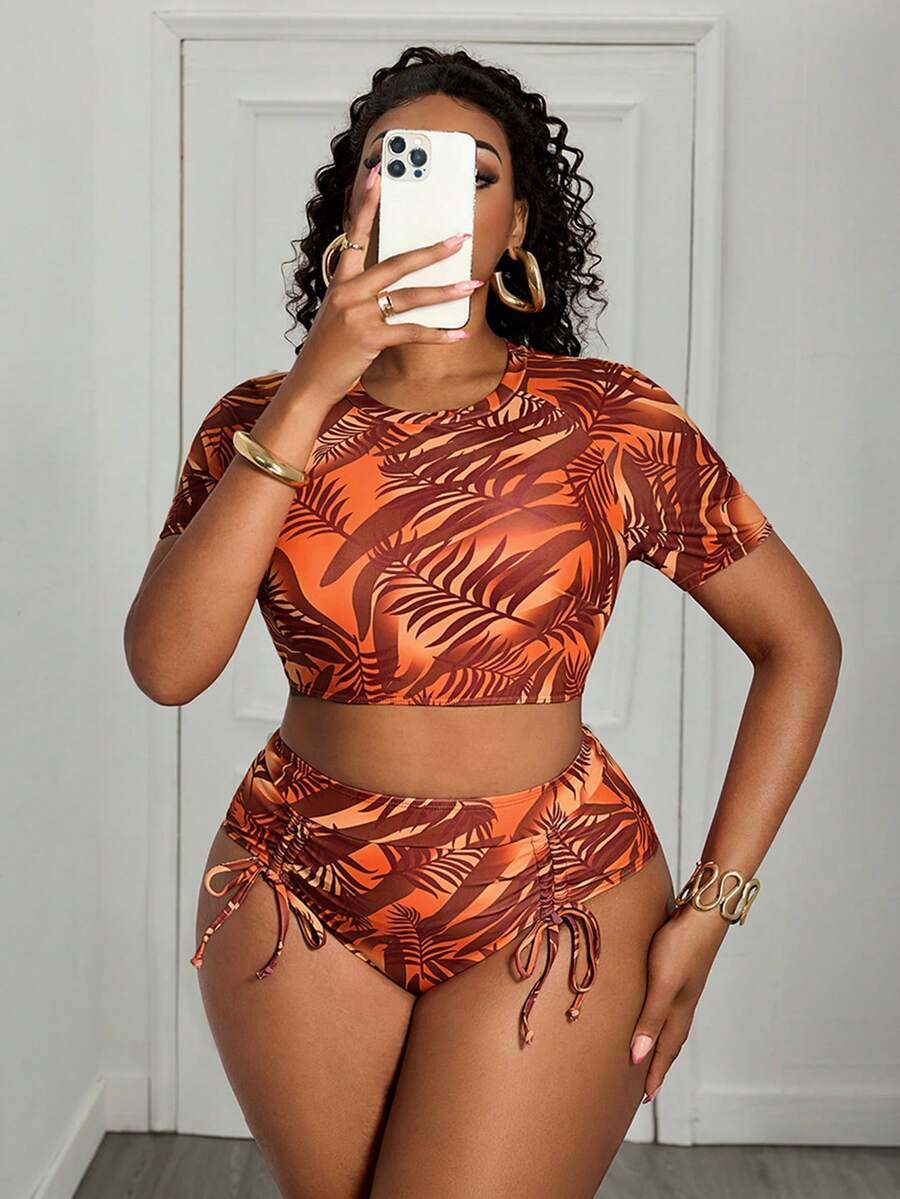 Slaydiva New Floral Print Criss-Cross Back Plus Size Swimwear Set, Plus Size Backless Bikini - Orange - View 1