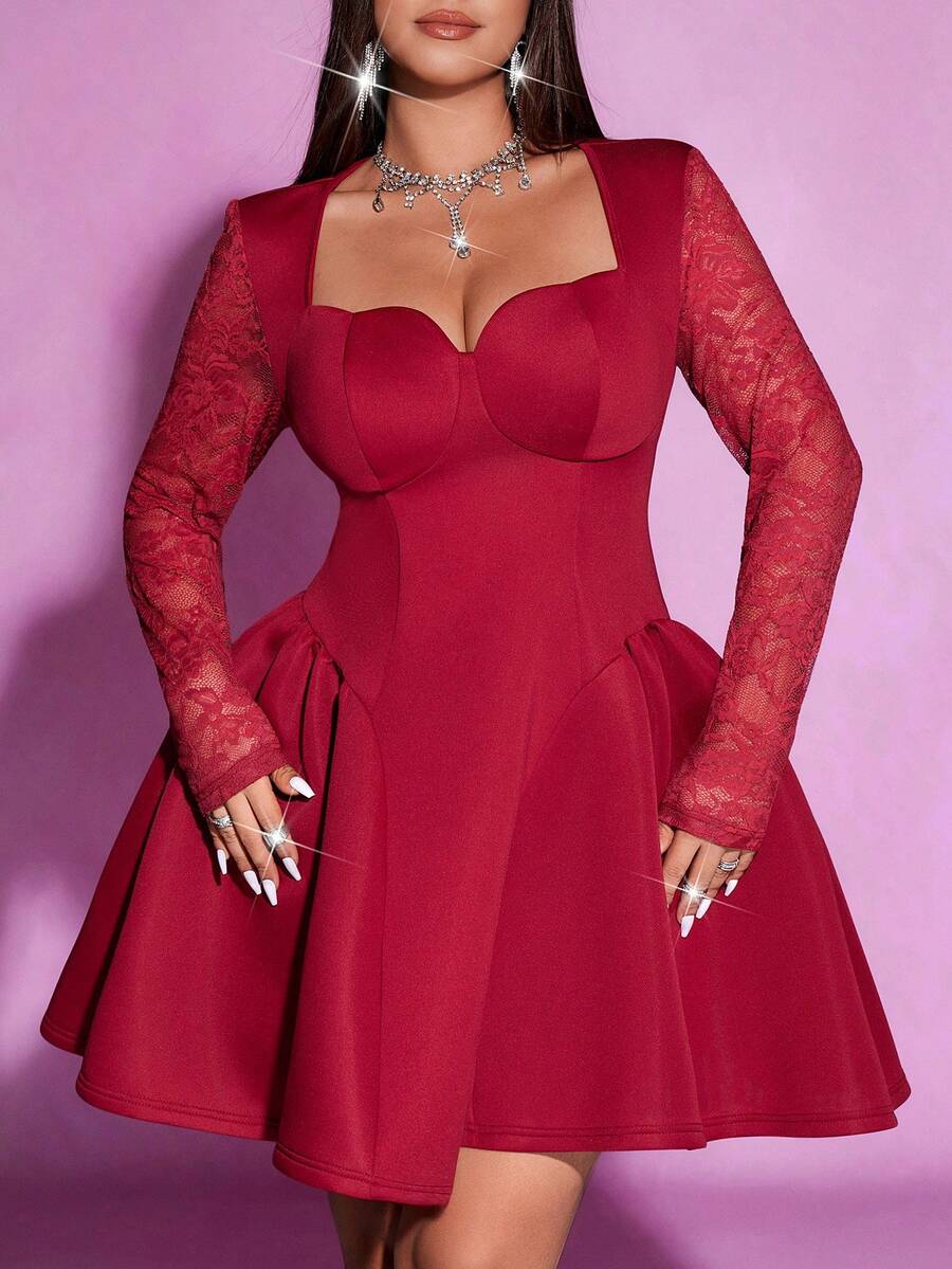 Viva Relle Valentine Plus Size Sexy Square Neck Red Lace Patchwork Party Christmas Dress - Red - View 1