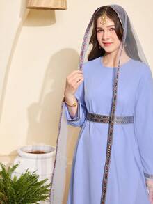 Vestido largo tradicional para adolescentes, de manga transparente con bordado en azul claro, corte holgado, adecuado para uso diario, ir al trabajo, festivales y celebraciones, con un toque suave, para primavera/otoño - Morado - Ver 4